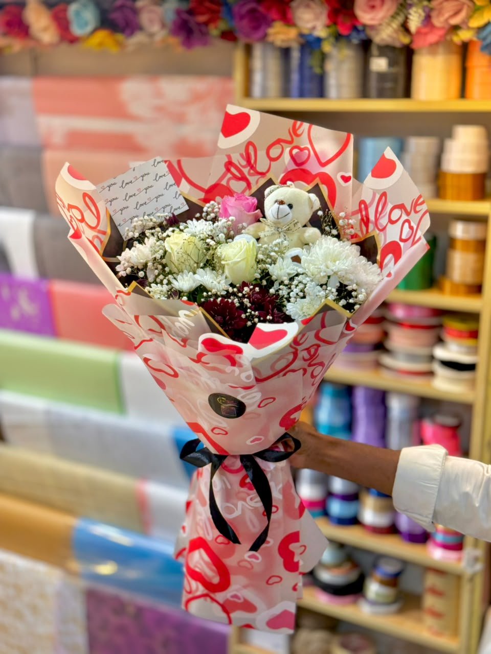 Imported Roses & Chrysanthemum Bouquet with Teddy - Image 1