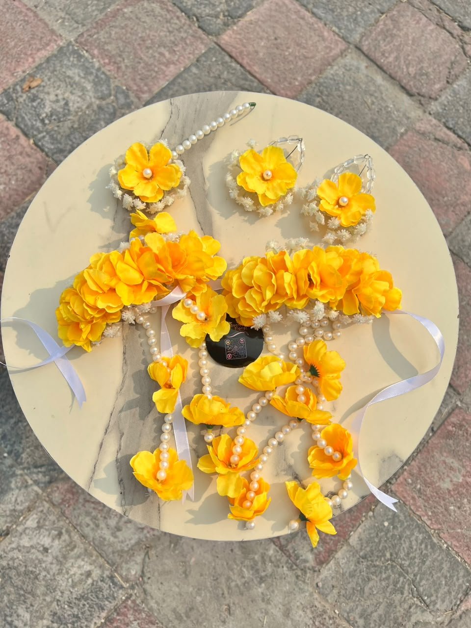 Artificial Floral Gajra Set with Hanging, Earrings & Bindiya - Image 1