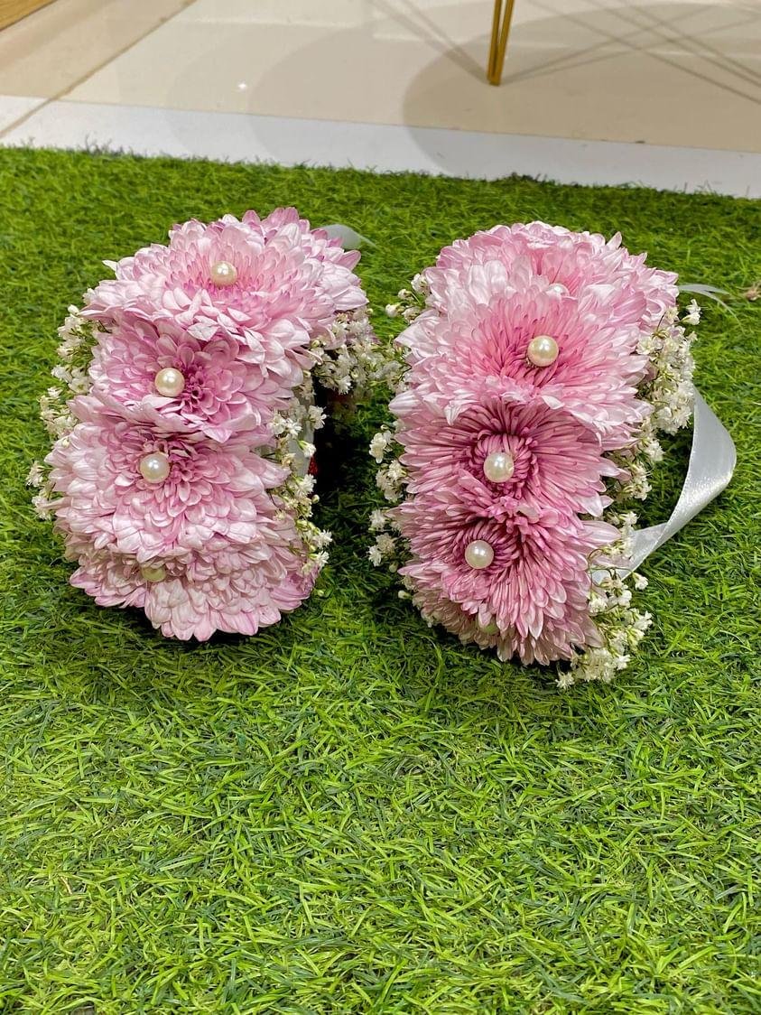 Pink Imported Chrysanthemum Gajra Pair - Image 1