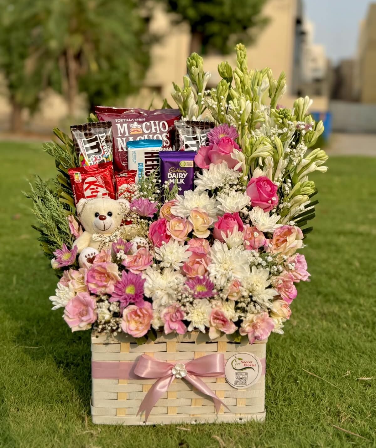 Chocolate Basket with Fresh Flowers - Image 1