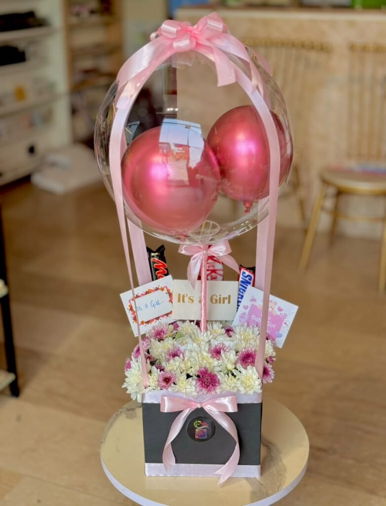 Fresh Flowers Box with Chocolate & Balloon