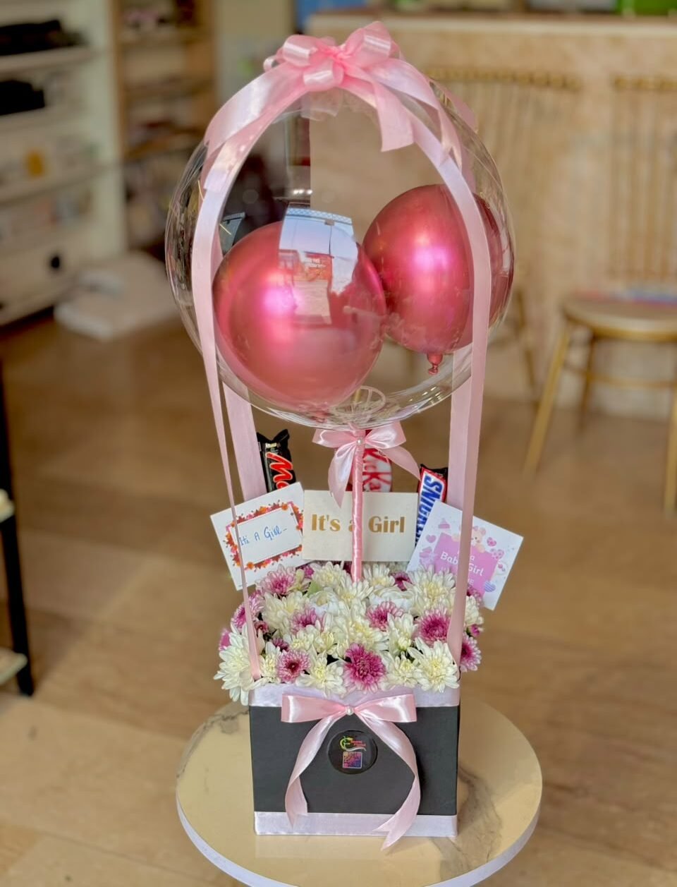 Fresh Flowers Box with Chocolate & Balloon - Image 1