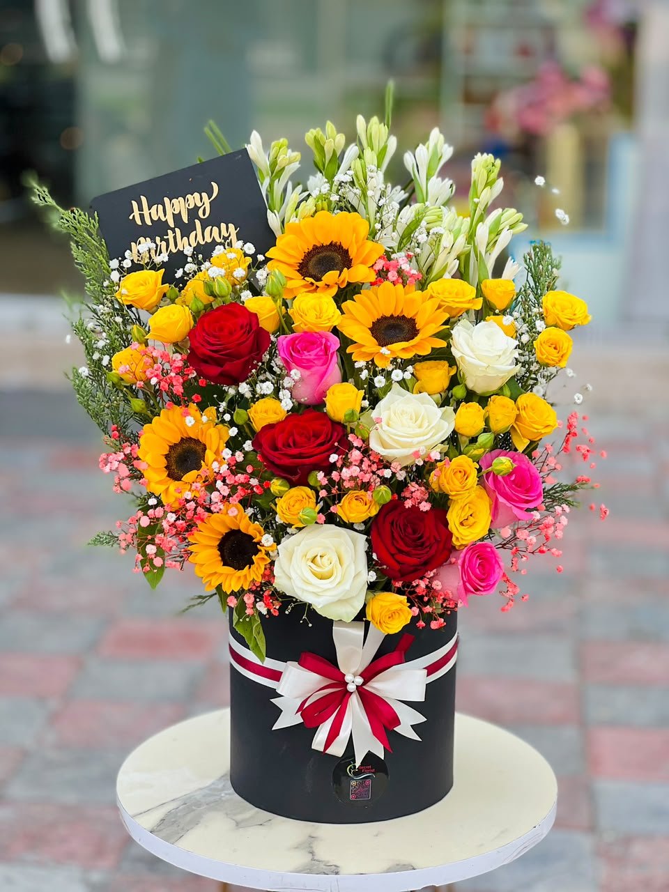 Sunflower, Imported Roses & Spray Roses Flower Box - Image 1